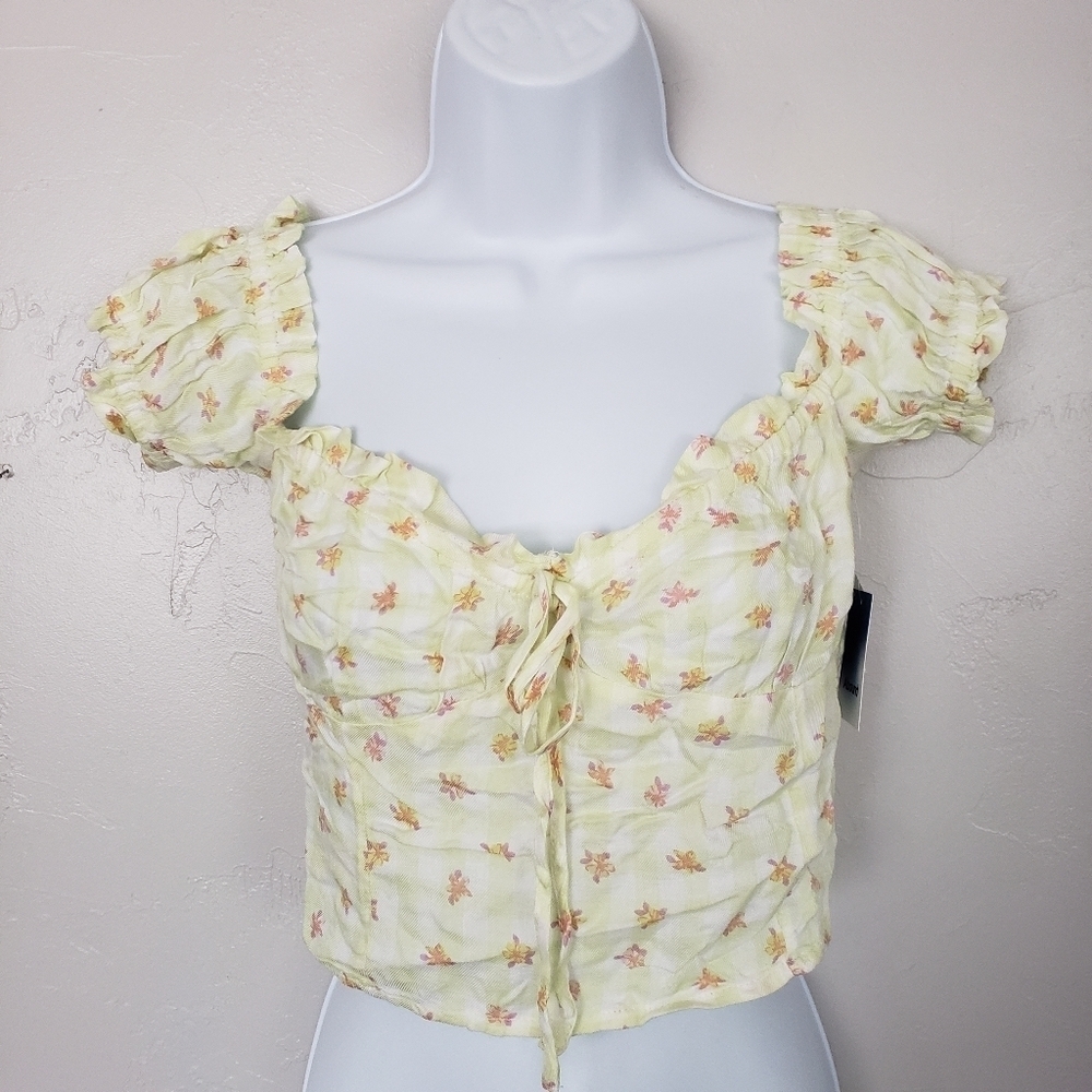 Abound NWT Women's Small Yellow White Plaid Floral Crop Top Off the Shoulder